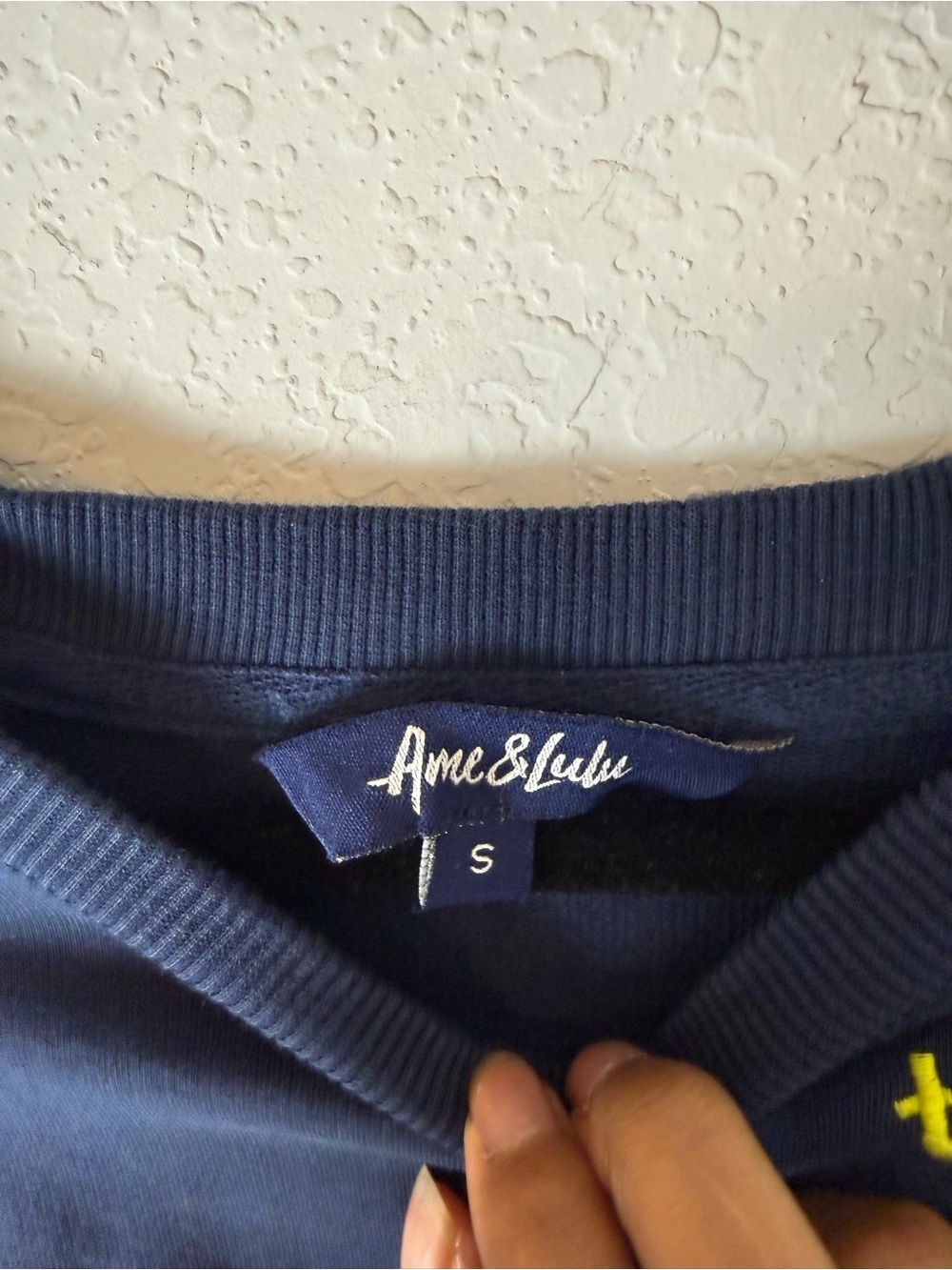 Ame & LuLu Navy Crewneck Sweatshirt with Neon Tennis Detail whimsy size S - Picture 3 of 7